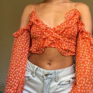 Orange floral drop shoulder crop top from H&M